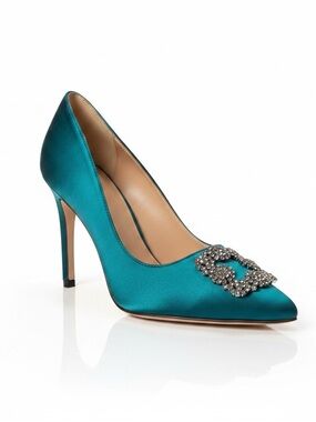 Satin Teal Pointed-Toe Pump with Crystal Buckle